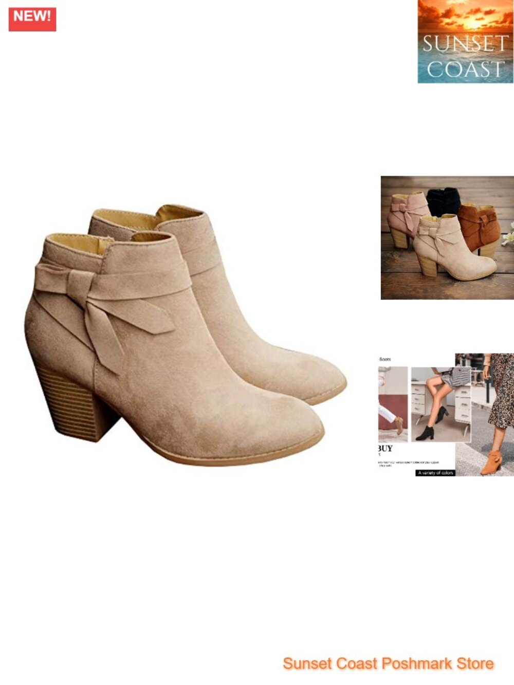 Faux Suede Ankle Booties with Tie Knot Chelsea Stacked Heel